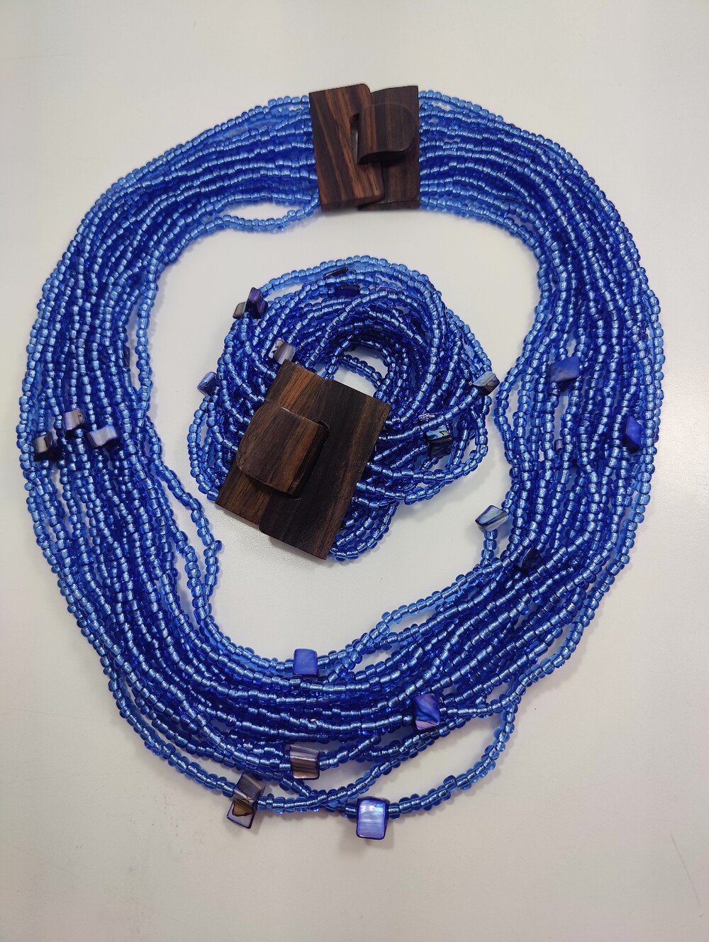 Blue Multi Strand Seed Bead Iridescent Wood Clasp Bracelet Necklace Set